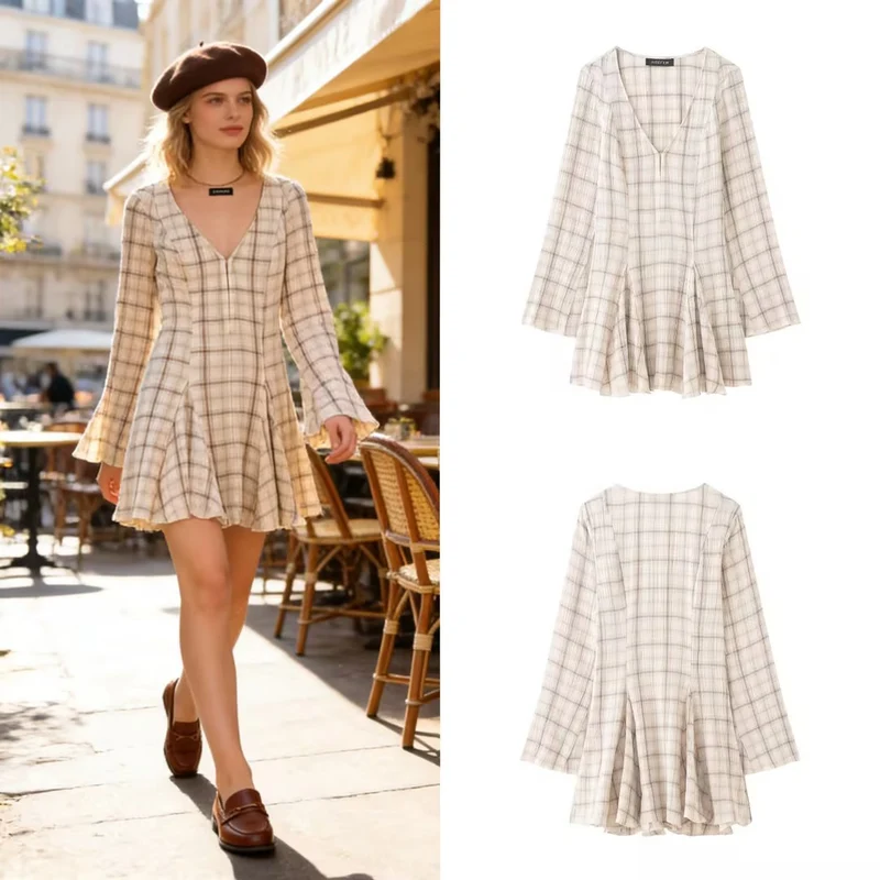 Damen Leichtes V‑Ausschnitt Midikleid mit Karomuster, tailliertem Godet‑Rock und Crinkle‑Struktur Nord Taschen
