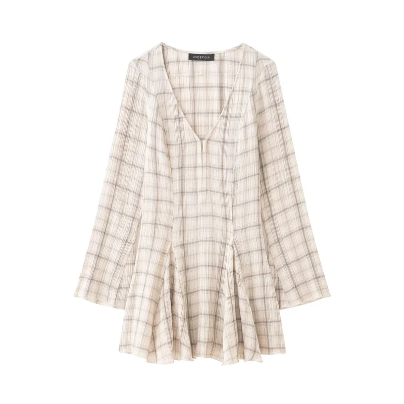 Damen Leichtes V‑Ausschnitt Midikleid mit Karomuster, tailliertem Godet‑Rock und Crinkle‑Struktur Nord Taschen