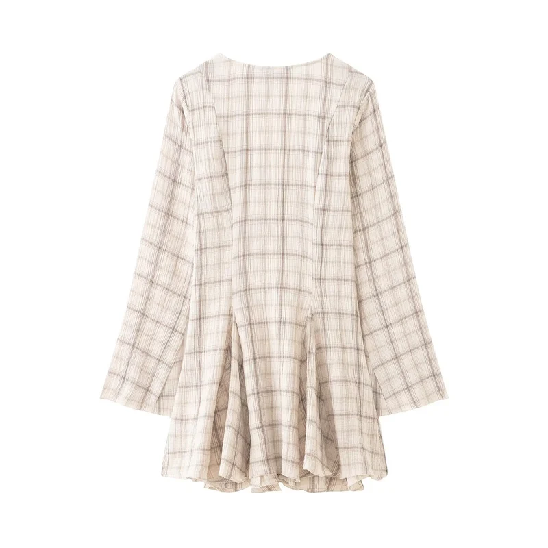 Damen Leichtes V‑Ausschnitt Midikleid mit Karomuster, tailliertem Godet‑Rock und Crinkle‑Struktur Nord Taschen