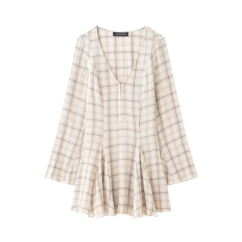 Damen Leichtes V‑Ausschnitt Midikleid mit Karomuster, tailliertem Godet‑Rock und Crinkle‑Struktur Nord Taschen