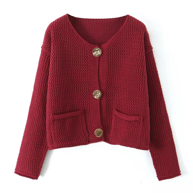 Damen Leichter offener Lochstrick‑Cardigan mit Zierknöpfen und aufgesetzten Taschen Nord Taschen