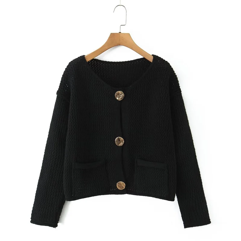Damen Leichter offener Lochstrick‑Cardigan mit Zierknöpfen und aufgesetzten Taschen Nord Taschen