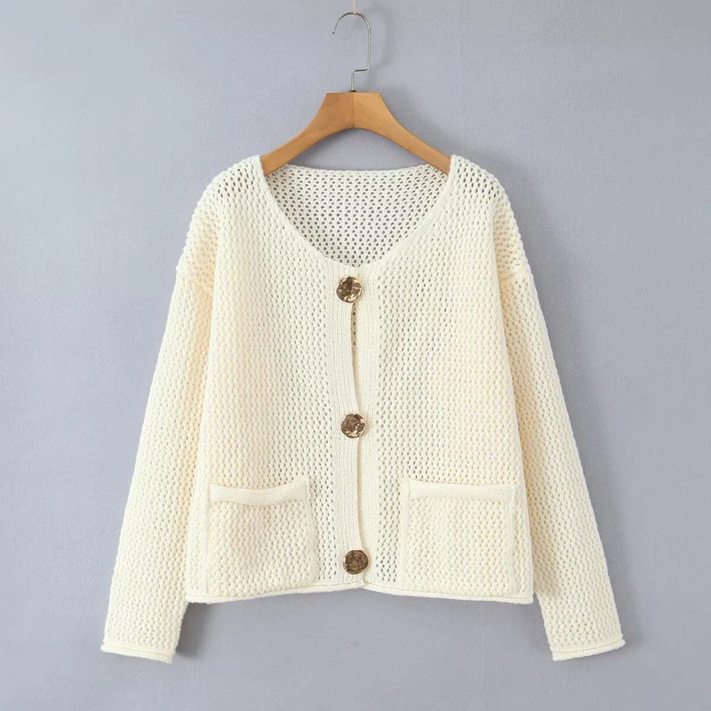 Damen Leichter offener Lochstrick‑Cardigan mit Zierknöpfen und aufgesetzten Taschen Nord Taschen