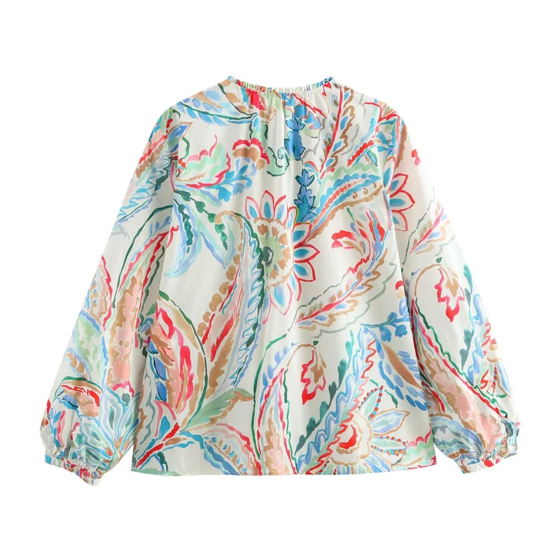 Damen Leichte Viskose-Bluse mit Aquarell‑Floralprint, V‑Ausschnitt und Ballonärmeln Nord Taschen