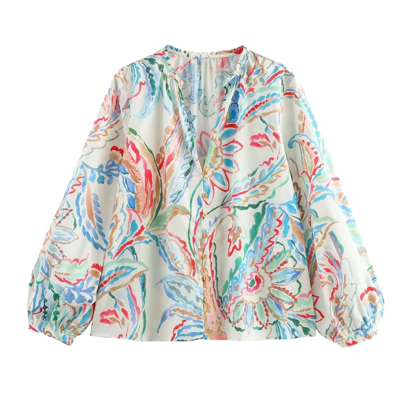 Damen Leichte Viskose-Bluse mit Aquarell‑Floralprint, V‑Ausschnitt und Ballonärmeln Nord Taschen
