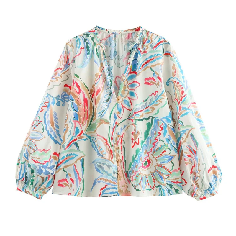Damen Leichte Viskose-Bluse mit Aquarell‑Floralprint, V‑Ausschnitt und Ballonärmeln Nord Taschen