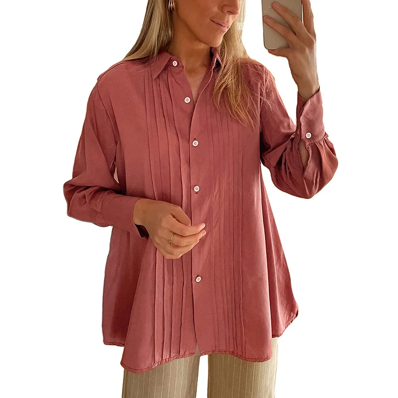 Damen Plissierte Tunika-Bluse mit Hemdkragen und lockerer A-Linien-Silhouette Nord Taschen