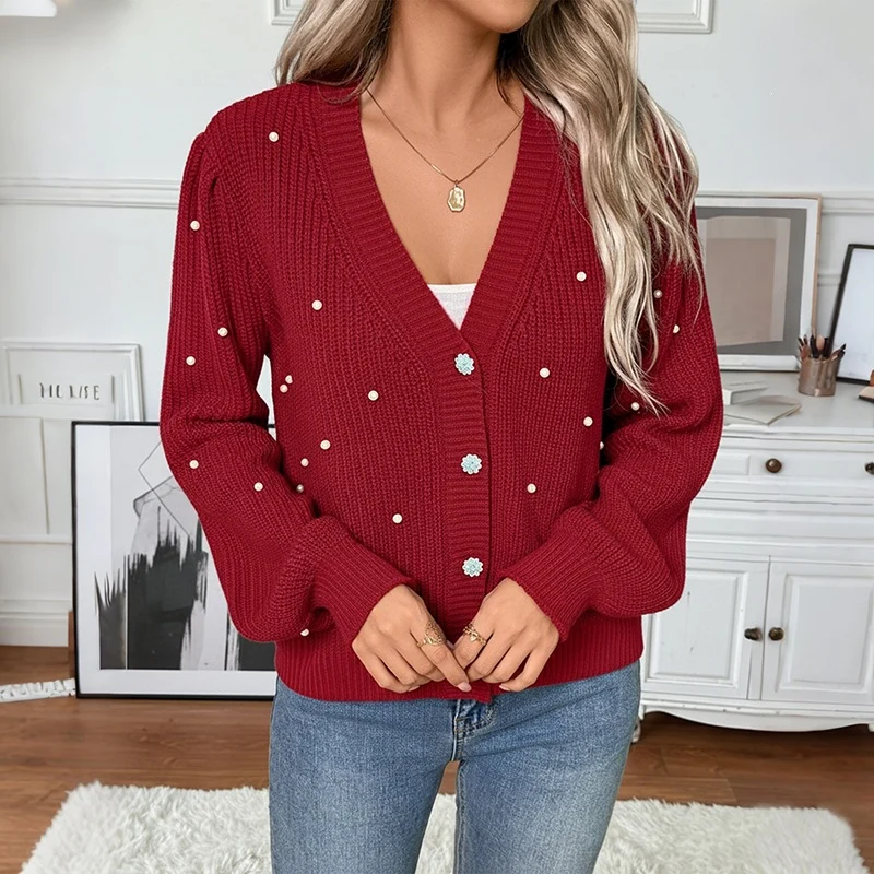 Damen Perlenbesetzter Grobstrick-Cardigan mit V‑Ausschnitt Nord Taschen