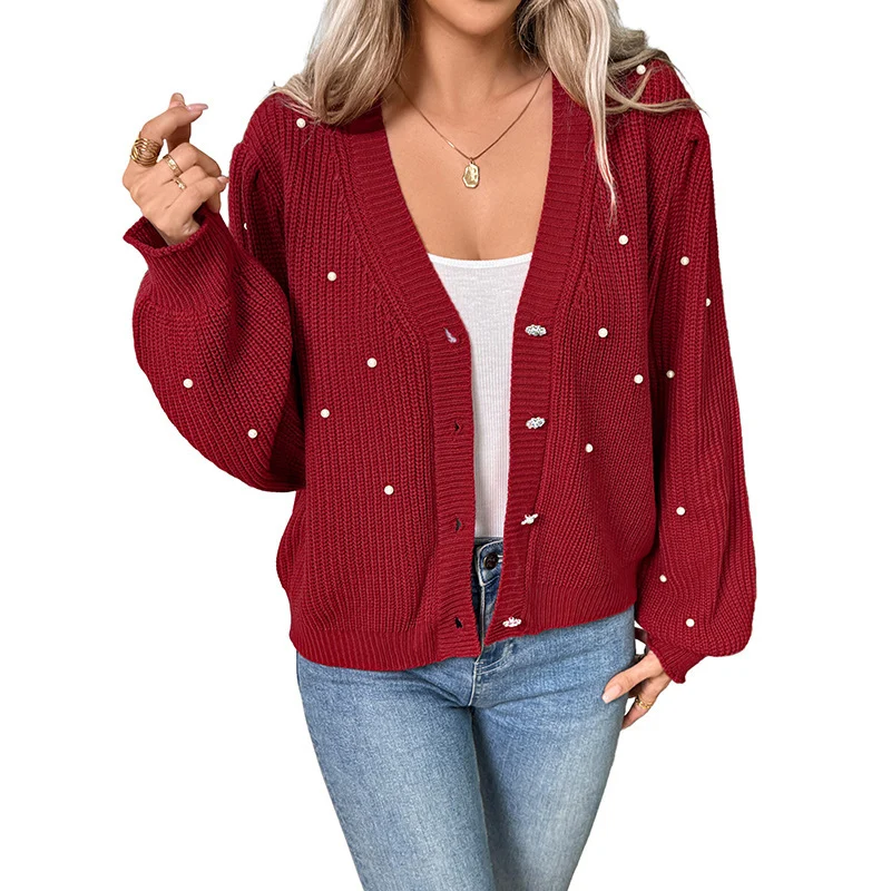 Damen Perlenbesetzter Grobstrick-Cardigan mit V‑Ausschnitt Nord Taschen