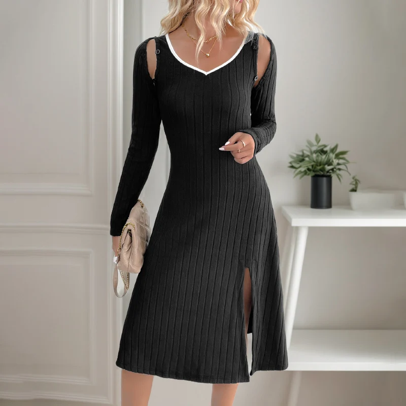 Damen Midikleid aus geripptem Feinstrick mit V-Ausschnitt, Schulter-Cutouts und seitlichem Schlitz Nord Taschen