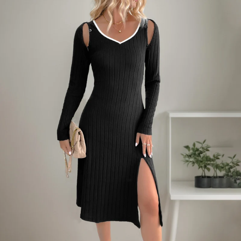 Damen Midikleid aus geripptem Feinstrick mit V-Ausschnitt, Schulter-Cutouts und seitlichem Schlitz Nord Taschen
