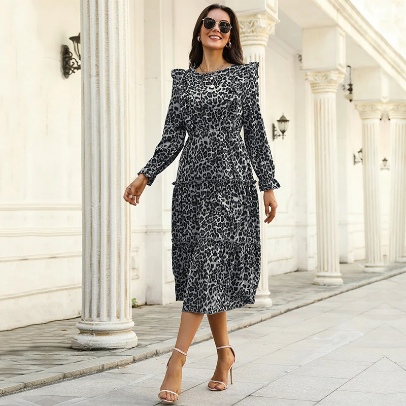 Damen Midi-Stufenkleid mit Leoprint, Volantdetails und taillierter Silhouette Nord Taschen
