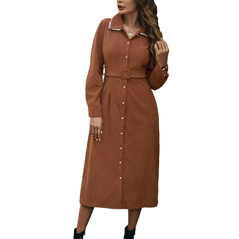 Damen Midi‑Hemdblusenkleid aus Veloursoptik mit Taillengürtel und Frontschlitz Nord Taschen