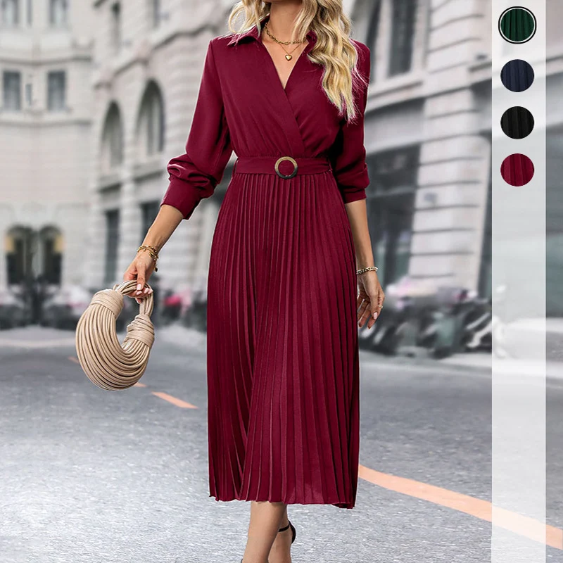 Damen Midi-Faltenkleid mit Wickeloberteil, Taillengürtel und Plissee-Rock Nord Taschen