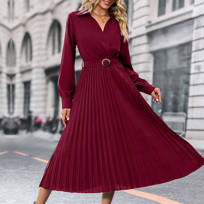 Damen Midi-Faltenkleid mit Wickeloberteil, Taillengürtel und Plissee-Rock Nord Taschen