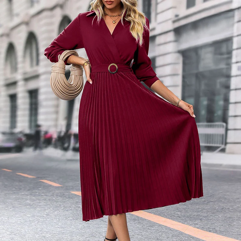 Damen Midi-Faltenkleid mit Wickeloberteil, Taillengürtel und Plissee-Rock Nord Taschen