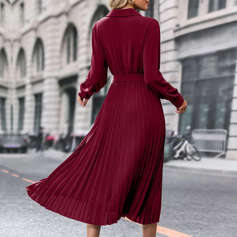 Damen Midi-Faltenkleid mit Wickeloberteil, Taillengürtel und Plissee-Rock Nord Taschen