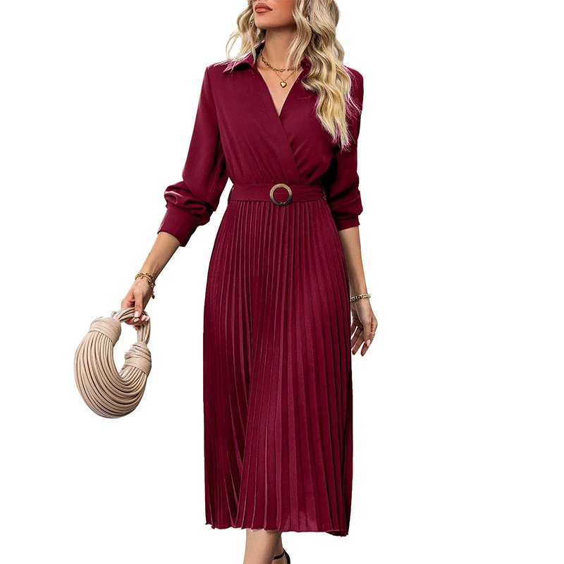 Damen Midi-Faltenkleid mit Wickeloberteil, Taillengürtel und Plissee-Rock Nord Taschen