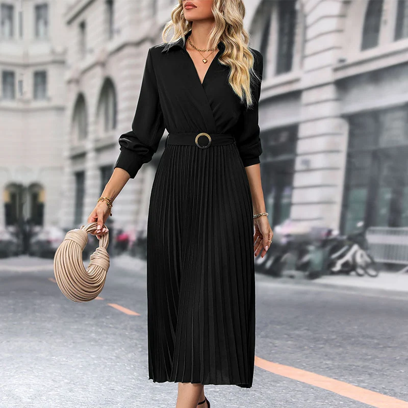 Damen Midi-Faltenkleid mit Wickeloberteil, Taillengürtel und Plissee-Rock Nord Taschen