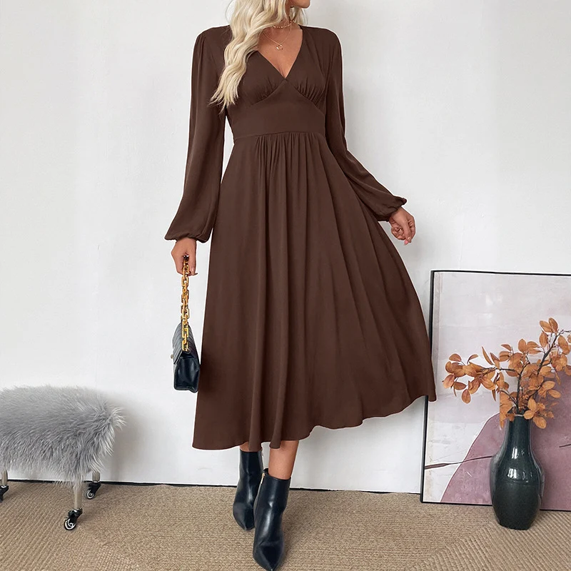 Damen Maxikleid Wickeloptik mit V-Ausschnitt, Empire-Taille und langen Ballonärmeln Nord Taschen