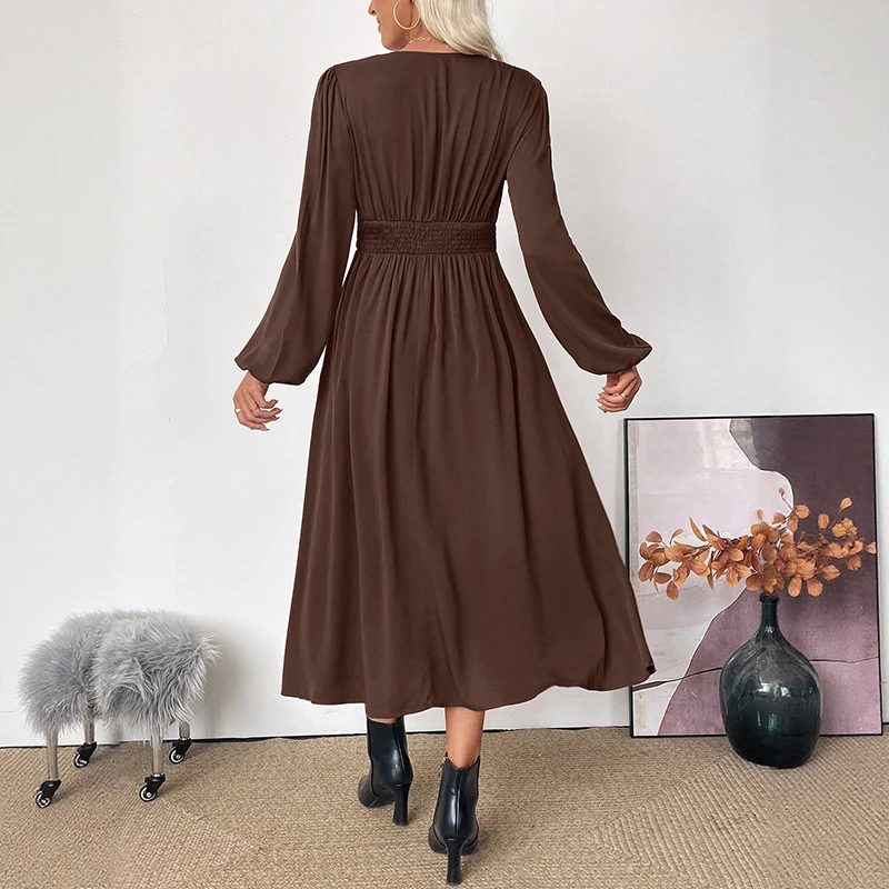 Damen Maxikleid Wickeloptik mit V-Ausschnitt, Empire-Taille und langen Ballonärmeln Nord Taschen