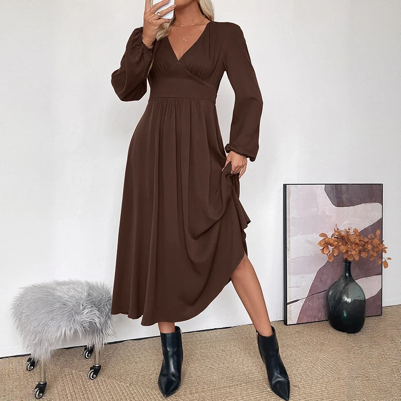 Damen Maxikleid Wickeloptik mit V-Ausschnitt, Empire-Taille und langen Ballonärmeln Nord Taschen