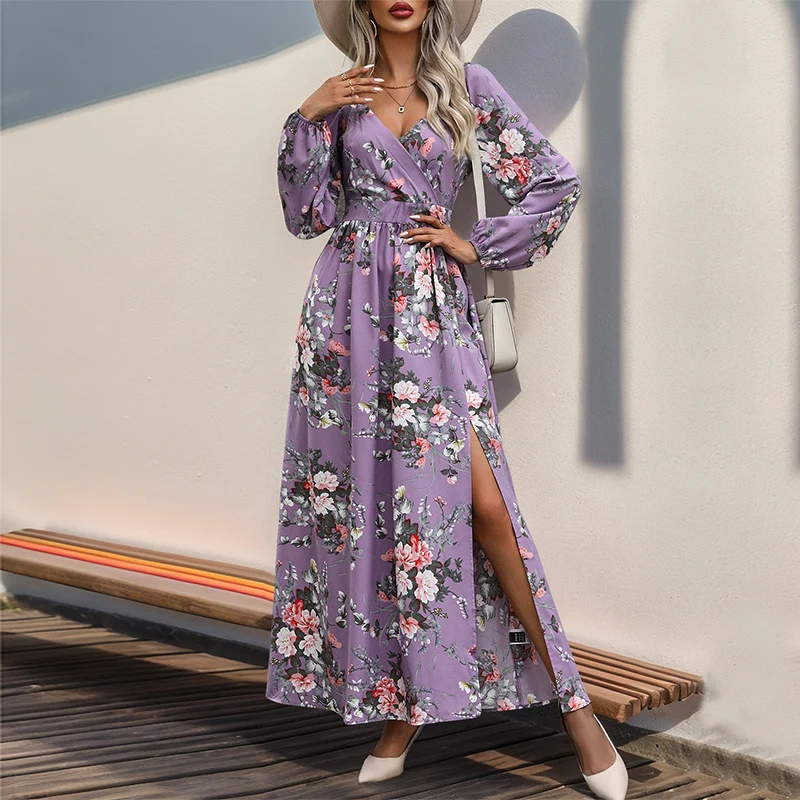 Damen Maxikleid mit Wickeloptik, V-Ausschnitt, Taillenraffung & seitlichem Beinschlitz Nord Taschen