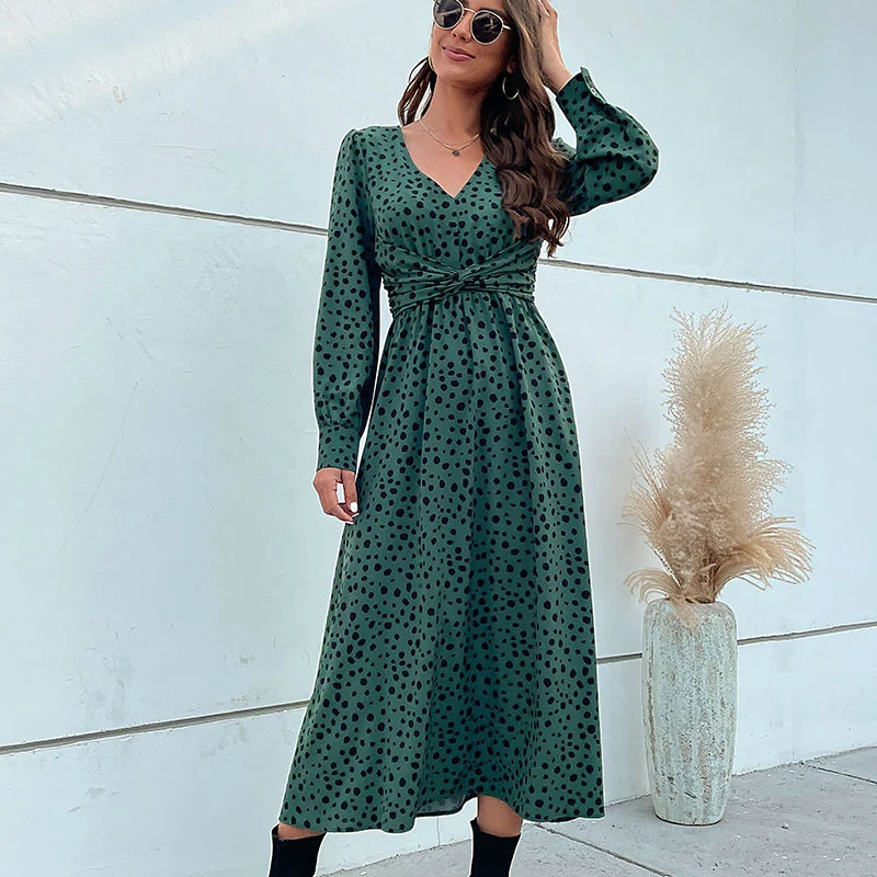 Damen Maxikleid mit V-Ausschnitt, Wickelbund und fein gepunktetem Print Nord Taschen