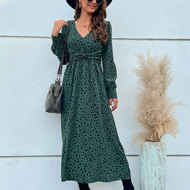 Damen Maxikleid mit V-Ausschnitt, Wickelbund und fein gepunktetem Print Nord Taschen