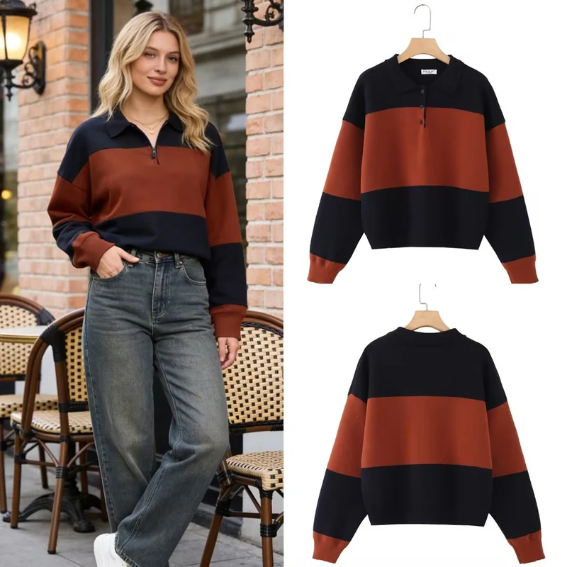 Damen Oversize-Polokragen-Pullover mit Blockstreifen Nord Taschen
