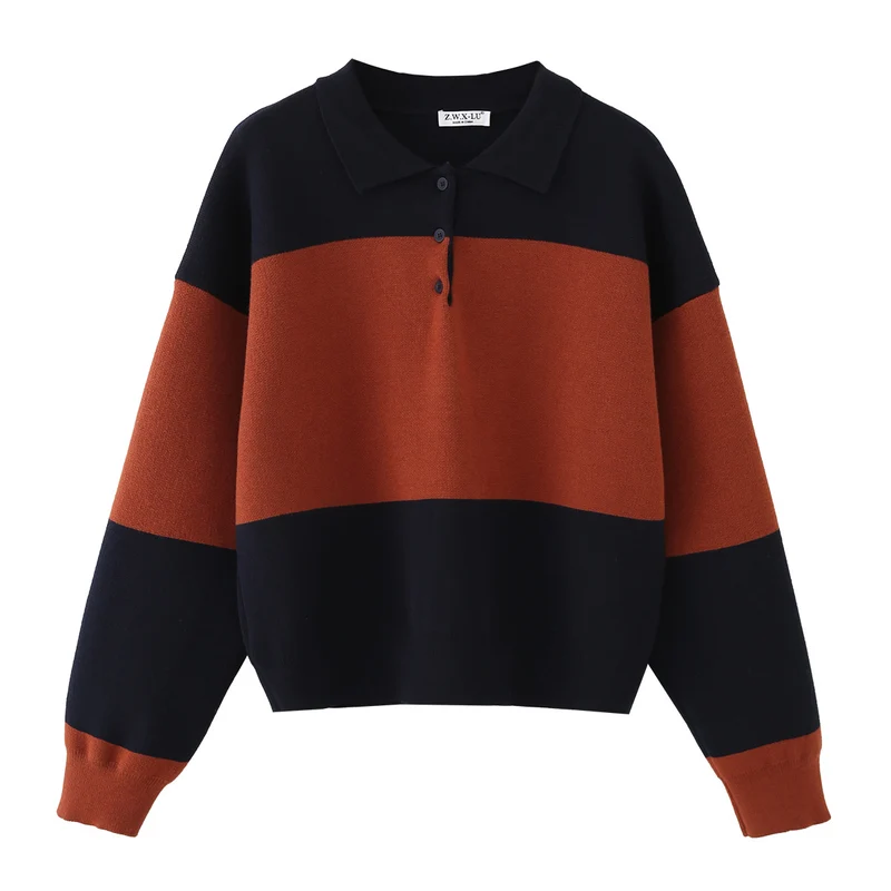 Damen Oversize-Polokragen-Pullover mit Blockstreifen Nord Taschen
