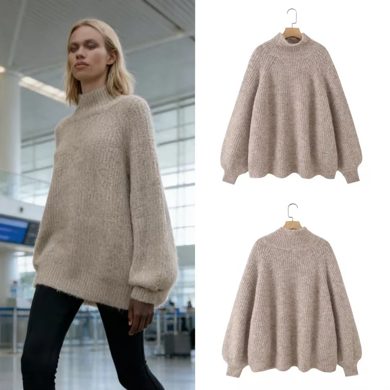 Damen Oversize Mohair-Optik Strickpullover mit Stehkragen und Ballonärmeln Nord Taschen