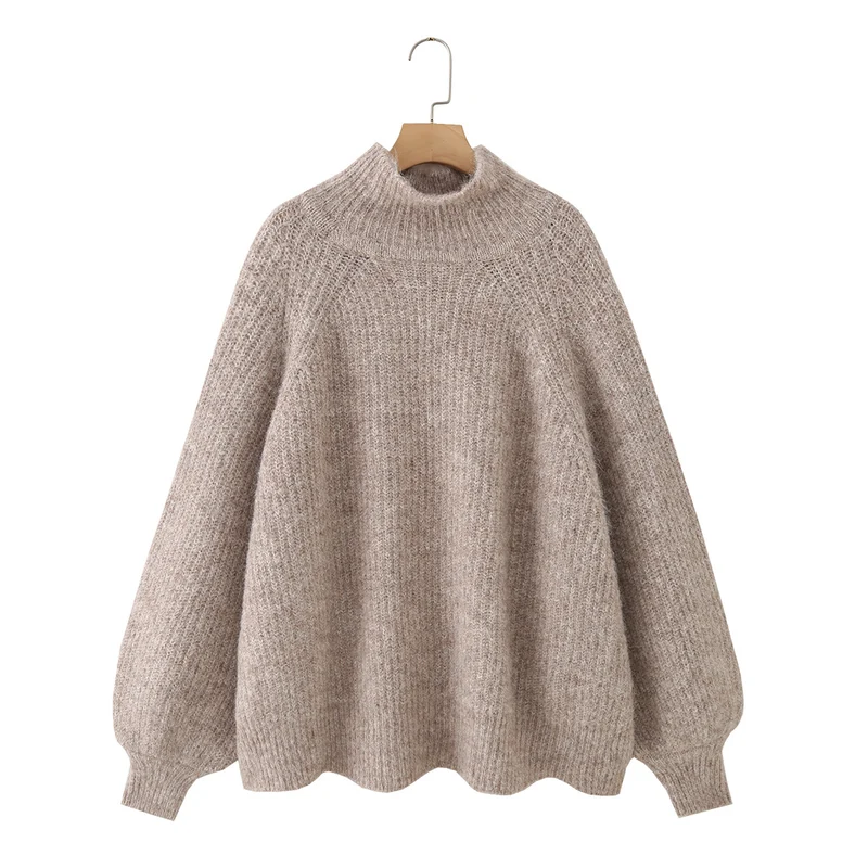 Damen Oversize Mohair-Optik Strickpullover mit Stehkragen und Ballonärmeln Nord Taschen