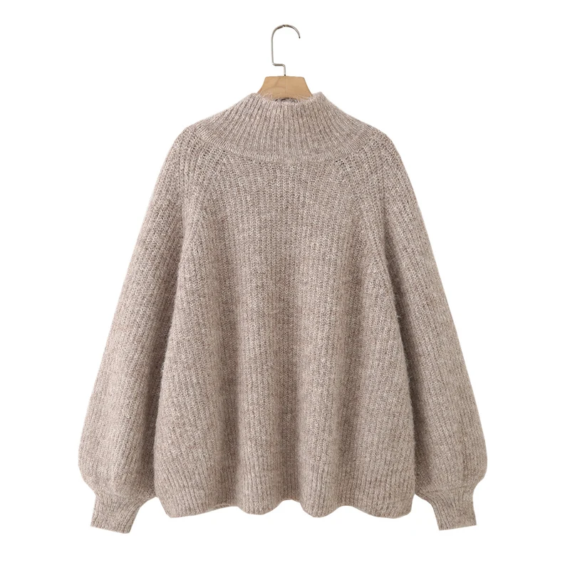 Damen Oversize Mohair-Optik Strickpullover mit Stehkragen und Ballonärmeln Nord Taschen