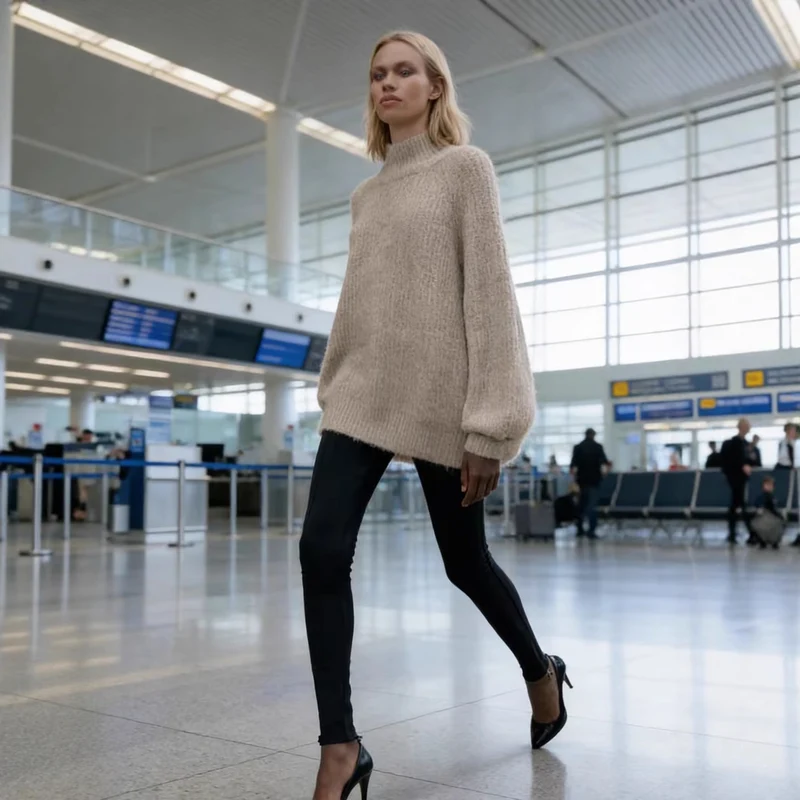 Damen Oversize Mohair-Optik Strickpullover mit Stehkragen und Ballonärmeln Nord Taschen