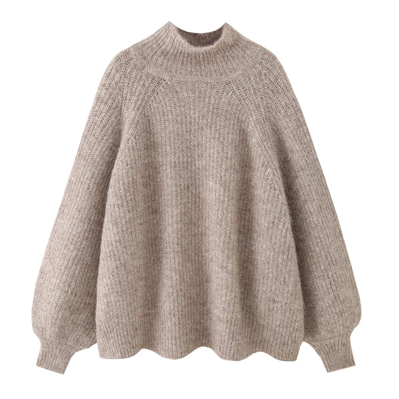 Damen Oversize Mohair-Optik Strickpullover mit Stehkragen und Ballonärmeln Nord Taschen