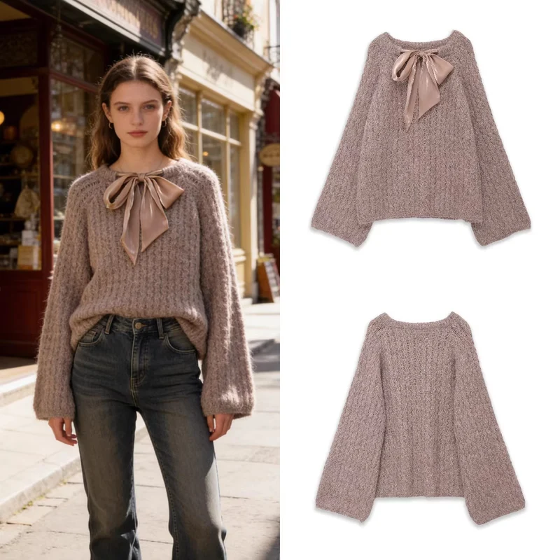 Damen Oversize Mohair-Optik Strickpullover mit Rückenschleife Nord Taschen
