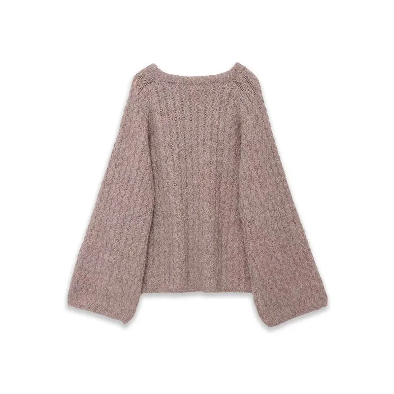Damen Oversize Mohair-Optik Strickpullover mit Rückenschleife Nord Taschen