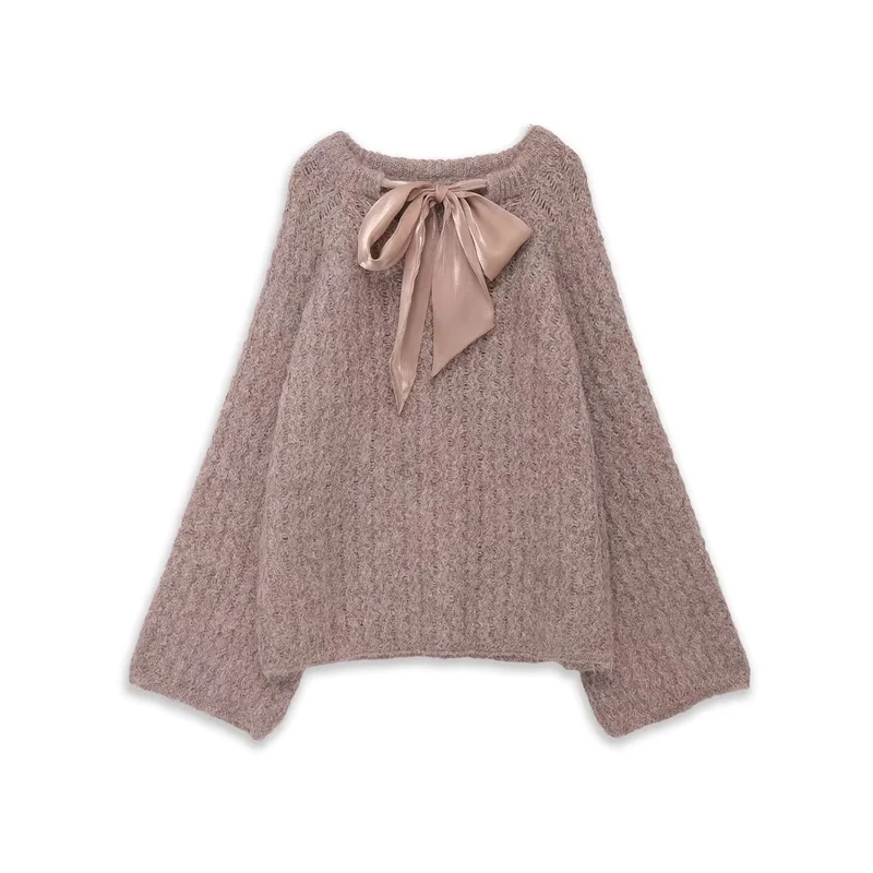 Damen Oversize Mohair-Optik Strickpullover mit Rückenschleife Nord Taschen