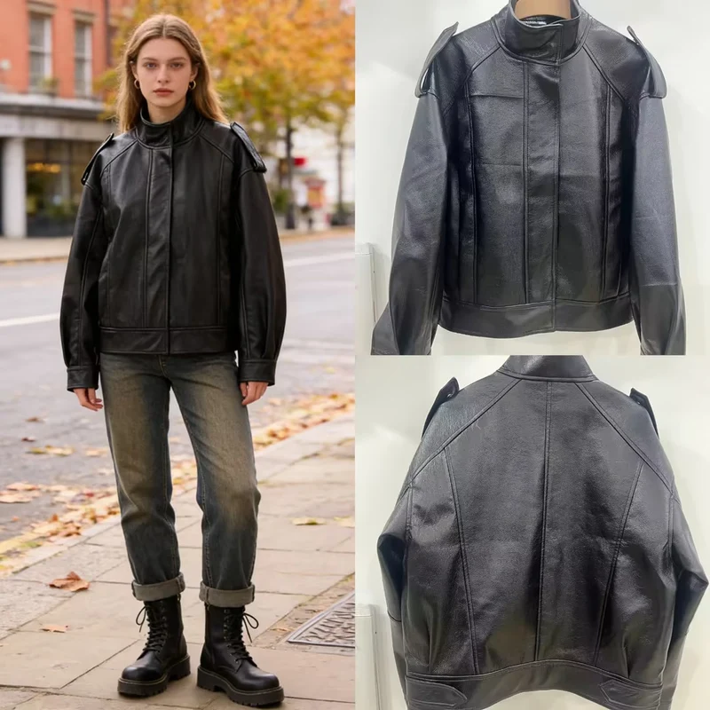 Damen Oversize-Lederjacke mit Cut-Out-Schulter, Stehkragen und strukturierten Nähten Nord Taschen