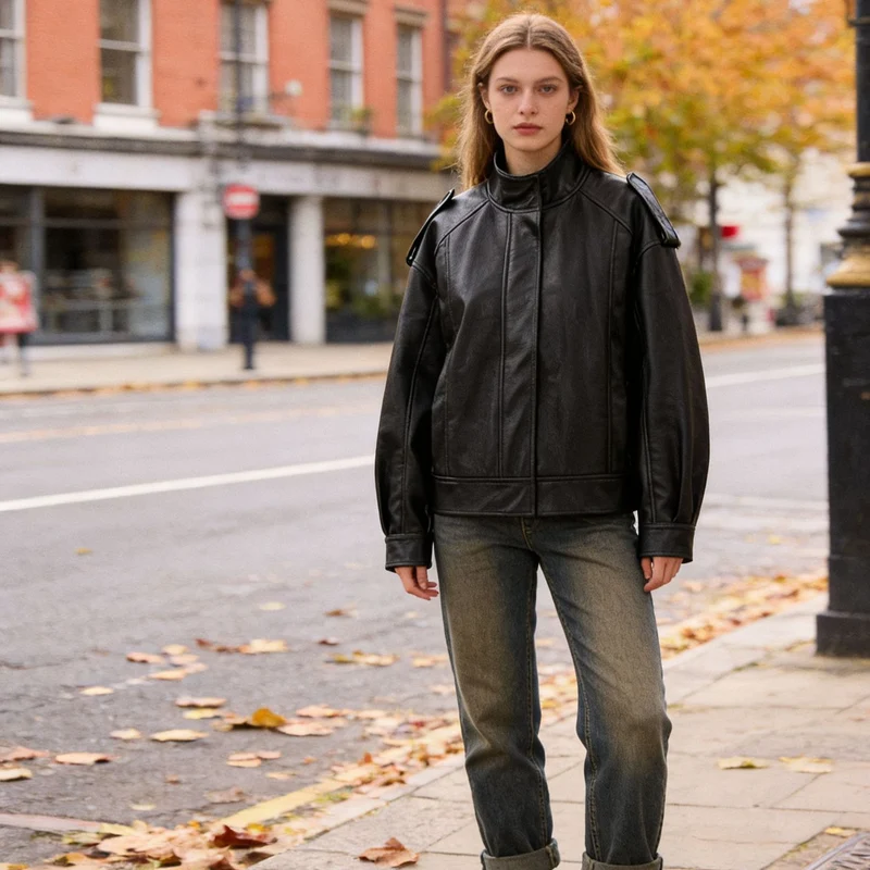 Damen Oversize-Lederjacke mit Cut-Out-Schulter, Stehkragen und strukturierten Nähten Nord Taschen