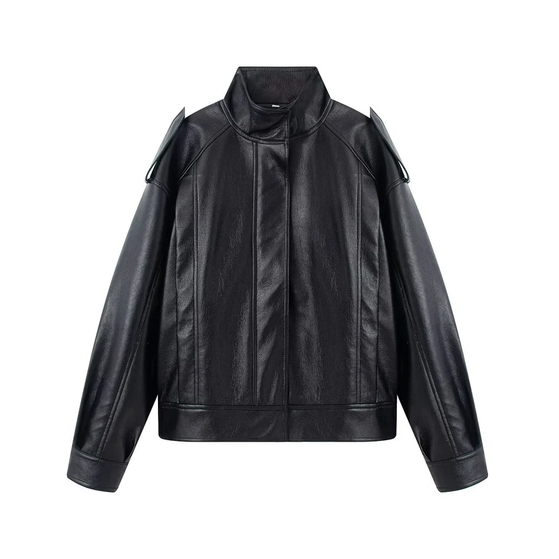 Damen Oversize-Lederjacke mit Cut-Out-Schulter, Stehkragen und strukturierten Nähten Nord Taschen