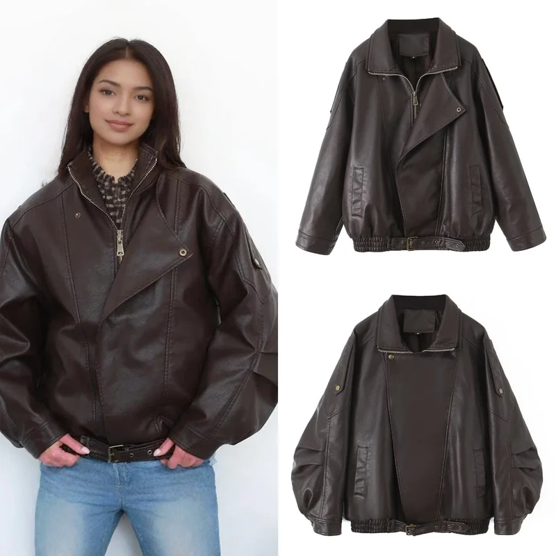 Damen Oversize-Lederimitat-Bomberjacke mit asymmetrischem Reißverschluss und Taillenband Nord Taschen