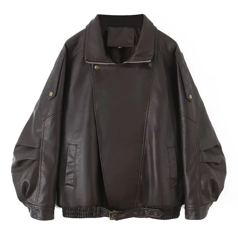 Damen Oversize-Lederimitat-Bomberjacke mit asymmetrischem Reißverschluss und Taillenband Nord Taschen