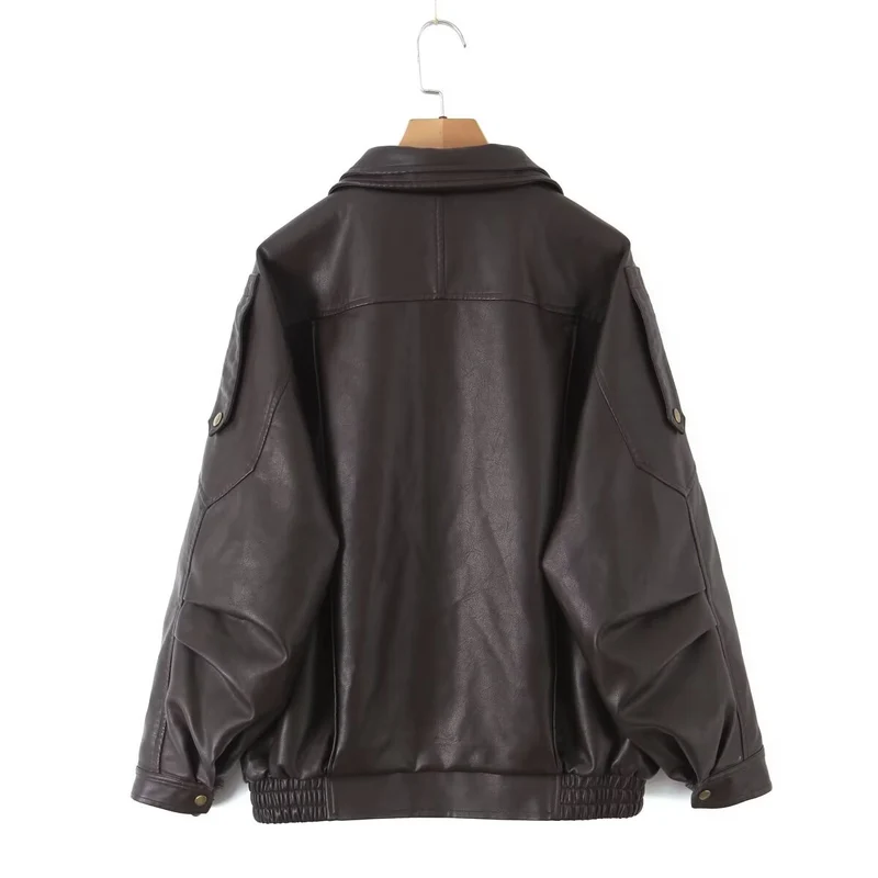 Damen Oversize-Lederimitat-Bomberjacke mit asymmetrischem Reißverschluss und Taillenband Nord Taschen