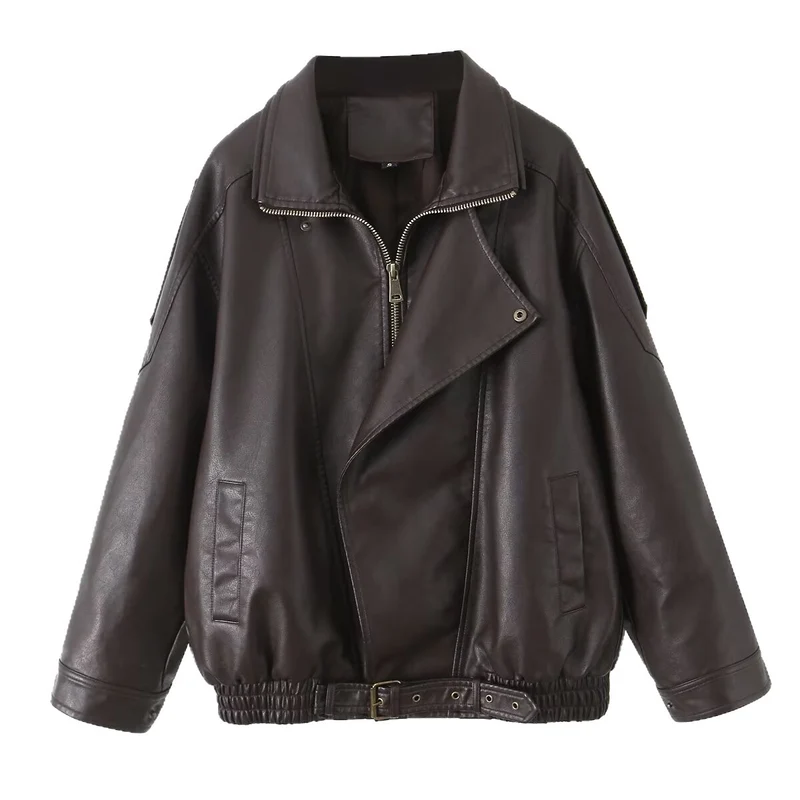Damen Oversize-Lederimitat-Bomberjacke mit asymmetrischem Reißverschluss und Taillenband Nord Taschen