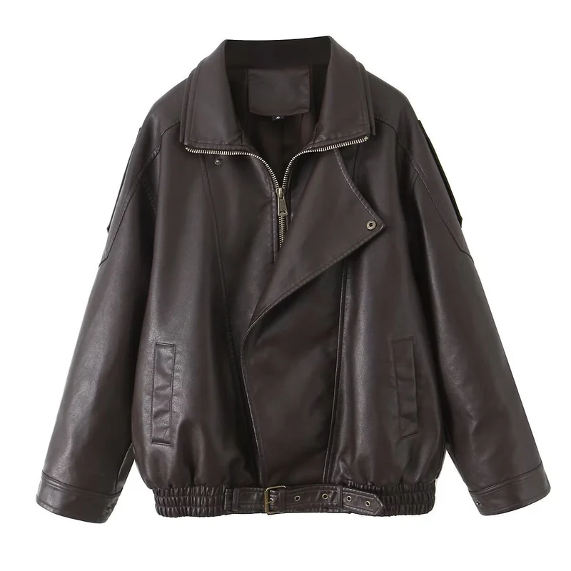 Damen Oversize-Lederimitat-Bomberjacke mit asymmetrischem Reißverschluss und Taillenband Nord Taschen
