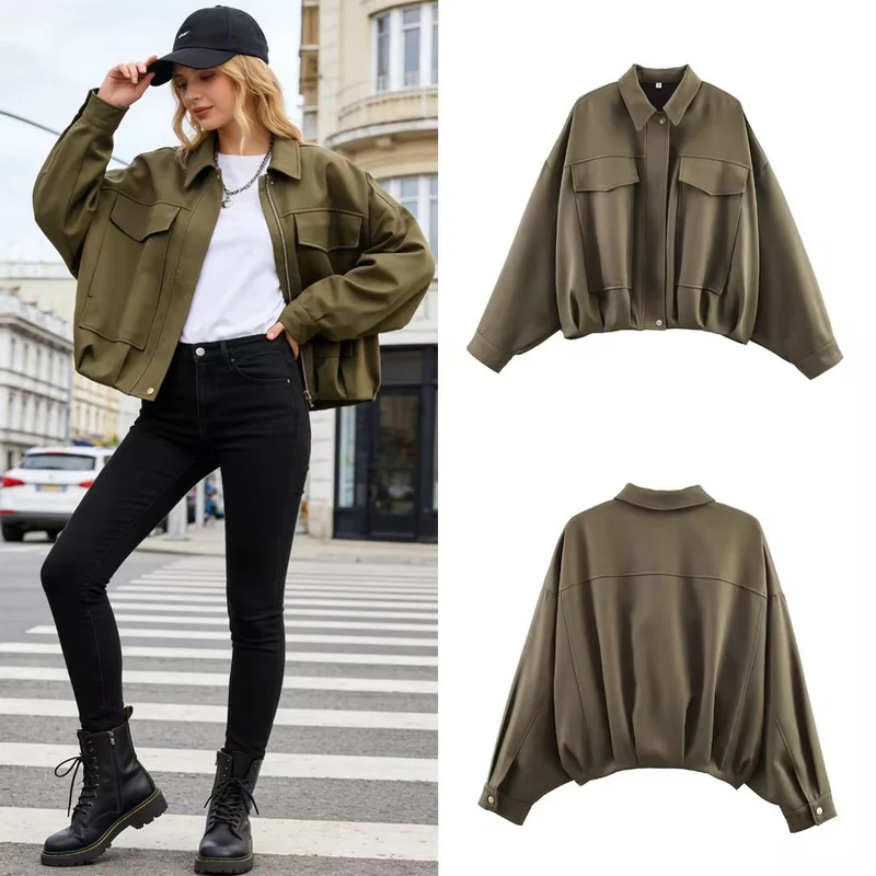 Damen Oversize Kurzjacke mit aufgesetzten Pattentaschen, Tropfenärmeln und elastischem Saum Nord Taschen