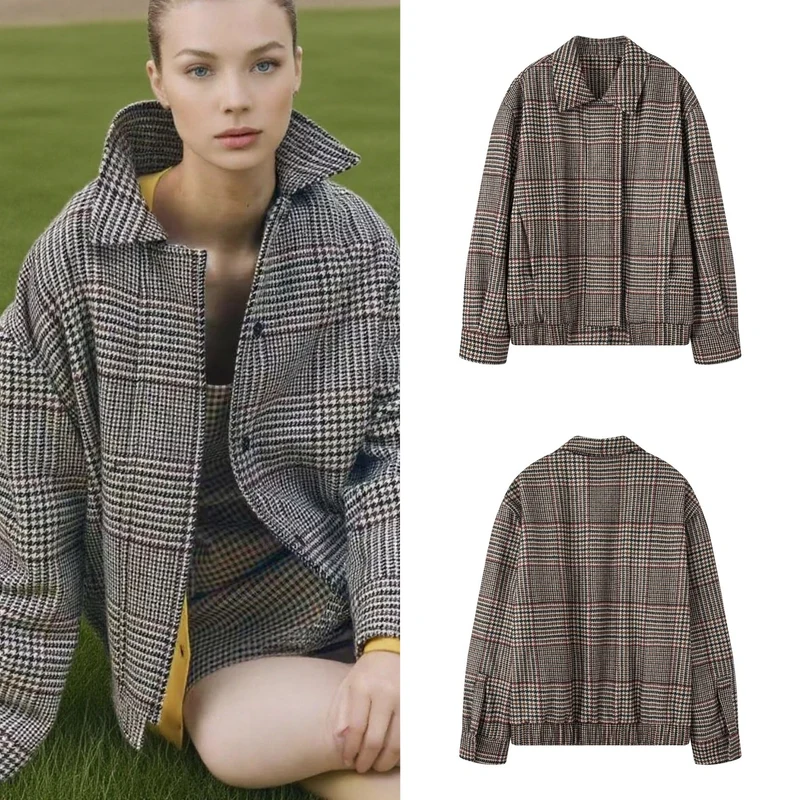 Damen Oversize-Kurzjacke im Hahnentritt-Muster mit Stehkragen und elastischem Saum Nord Taschen