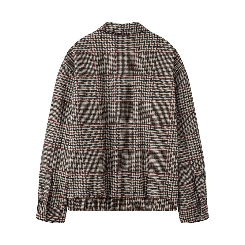 Damen Oversize-Kurzjacke im Hahnentritt-Muster mit Stehkragen und elastischem Saum Nord Taschen